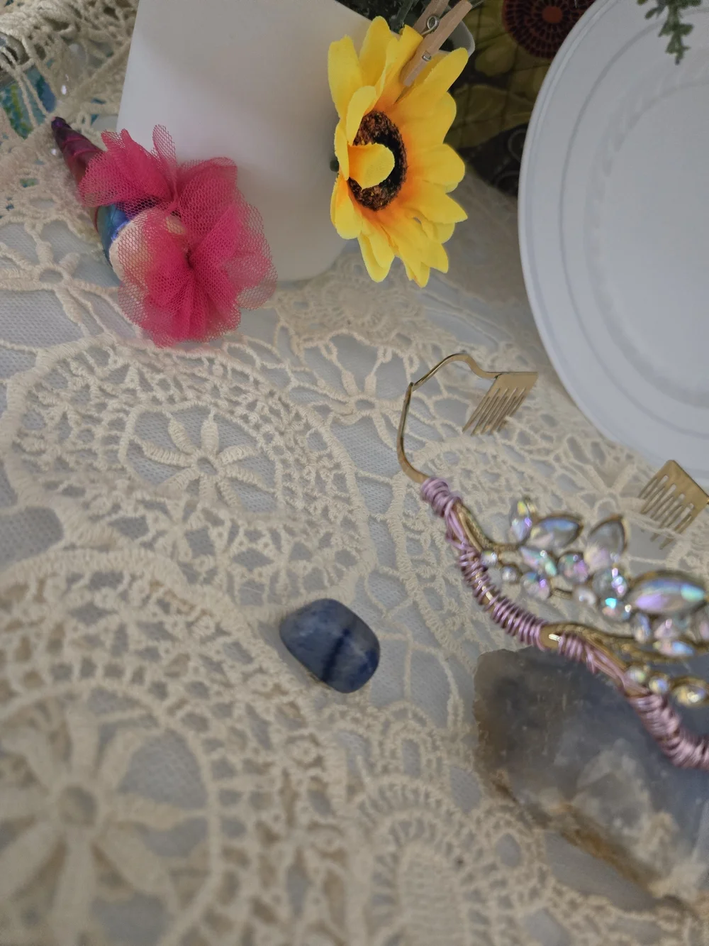 Handcrafted Crystal Leaf Tiara Headband Iridescent Pink Bridal Festival Crown